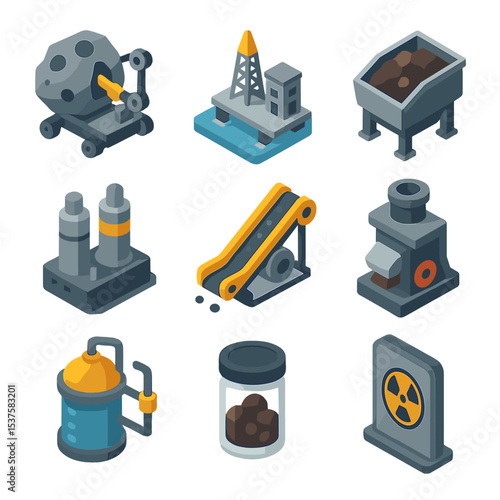 Resource Extraction Icons. Isometric Flat icon set of resource extraction and processing: asteroid miner rig, drilling platform,