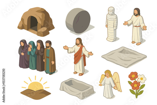 Resurrection Icon Set. Isometric Flat icon set of Raising the Dead: tomb entrance, rolled stone, Lazarus, mourning crowd, open