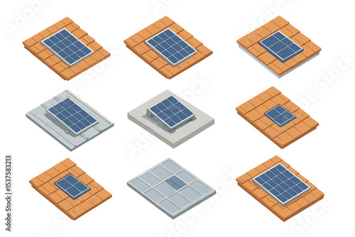 Roof Integration Icons. Isometric Flat icon set of roof integration styles: flush mount system, rail-less mount, tile-replace
