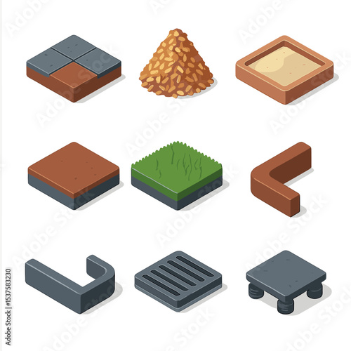 Safety Surfacing Icon Grid. Isometric Flat icon set of Safety Surfacing Materials: rubber mat tile, wood chip pile, sand pit,