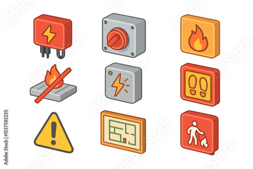 Safety Compliance Icons. Isometric Flat icon set of safety and fire compliance: rapid shutdown device, DC isolator switch, fire