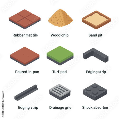 Safety Surfacing Icon Grid. Isometric Flat icon set of Safety Surfacing Materials: rubber mat tile, wood chip pile, sand pit,