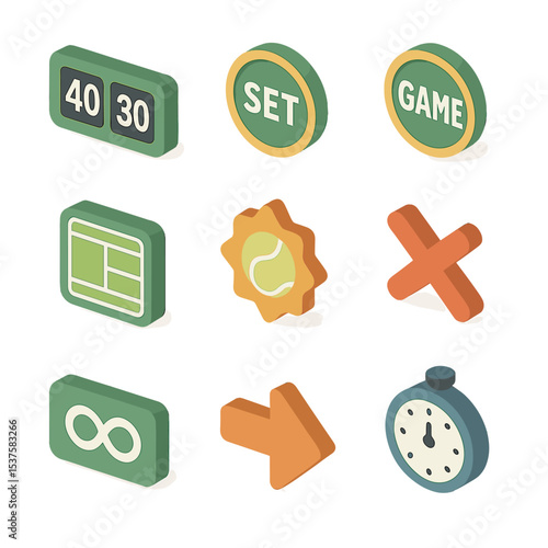 Scoring Icons Grid. Isometric Flat icon set of scoring and match elements: scoreboard, set point marker, game point marker,