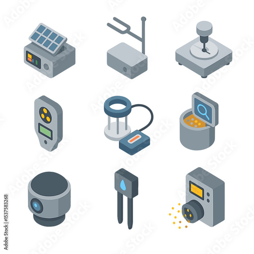 Scientific Instrument Icon Set. Isometric Flat icon set of Scientific payload instruments: spectrometer, magnetometer, seismometer