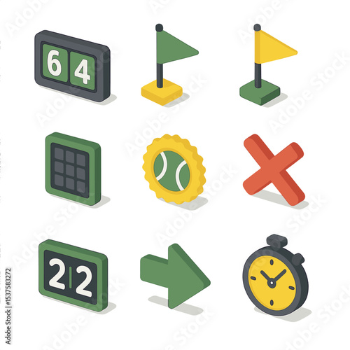 Scoring Icons Grid. Isometric Flat icon set of scoring and match elements: scoreboard, set point marker, game point marker,