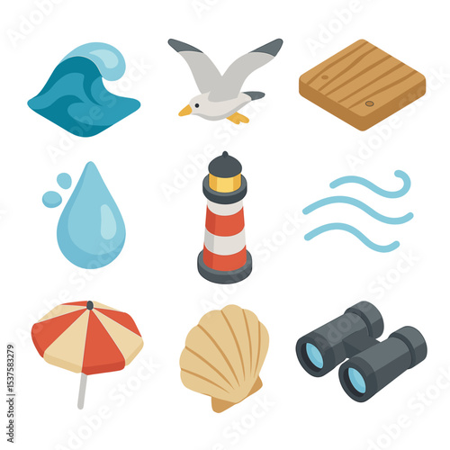 Seaside Icon Collection. Isometric Flat icon set of Seaside promenade air: ocean wave, seagull, boardwalk plank, salt spray