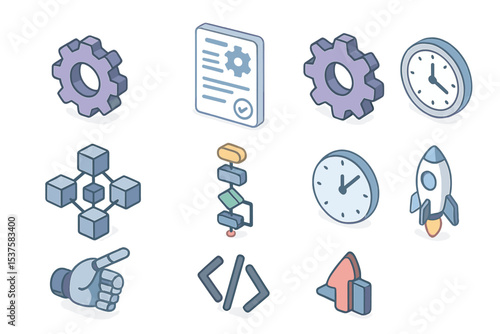 Smart Contract Icons. Isometric Flat icon set of Smart contract automation: gear icon, smart contract document, cog wheel,