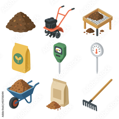 Soil Preparation Essentials. Isometric Flat icon set of soil preparation essentials: compost pile, rototiller, soil sieve,