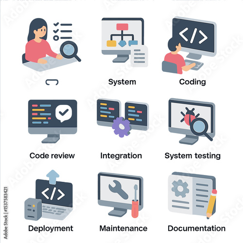 Software Development Icons. Isometric Flat icon set of software development cycle: requirement gathering, system design, coding,