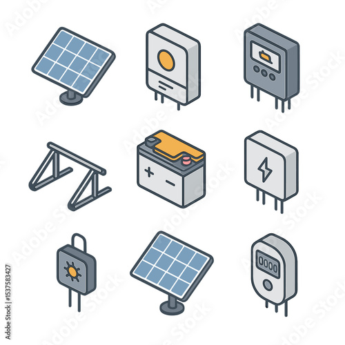 Solar Energy Icons Set. Isometric Flat icon set of solar energy components: photovoltaic panel, solar inverter, charge controller,