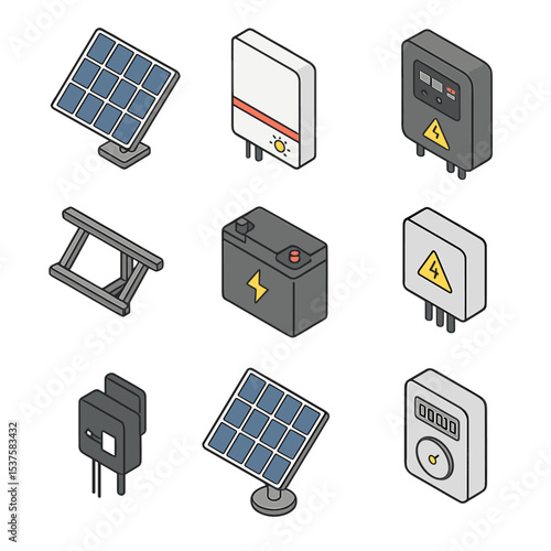 Solar Energy Icons Set. Isometric Flat icon set of solar energy components: photovoltaic panel, solar inverter, charge controller,