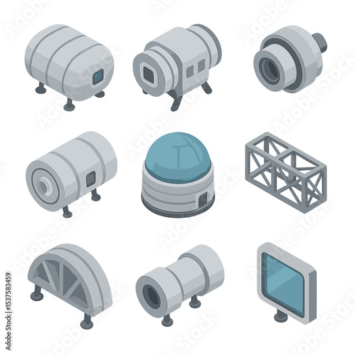 Space Colony Module Icons. Isometric Flat icon set of space colony habitat modules: inflatable habitat, rigid module, docking port