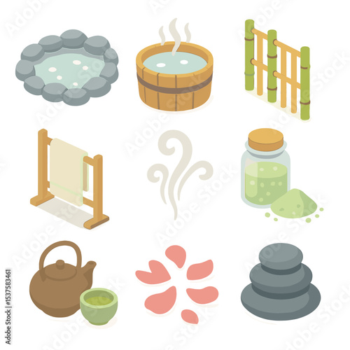 Spa Icon Set. Isometric Flat icon set of Healing Spa Spring Waters: hot spring pool, wooden tub, bamboo fence, towel rack, steam