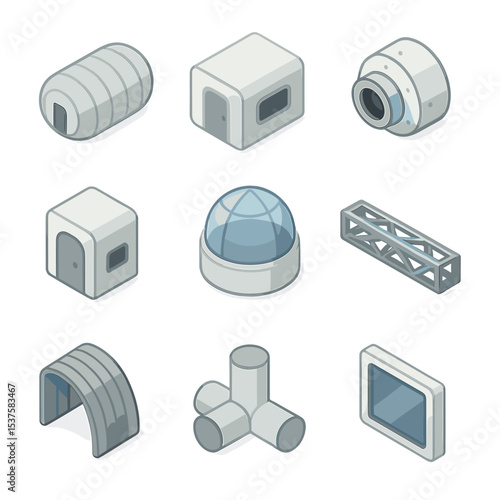 Space Colony Module Icons. Isometric Flat icon set of space colony habitat modules: inflatable habitat, rigid module, docking port