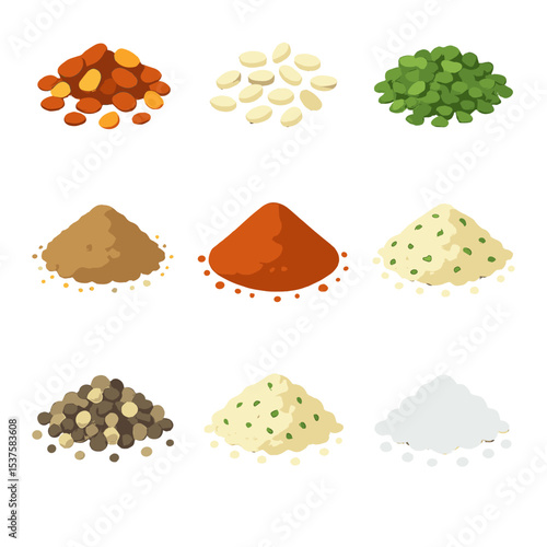 Spice Garnish Icons. Isometric Flat icon set of Spice Garnish Sprinkles: chili flakes, sesame seeds, minced herbs, nutmeg dust,