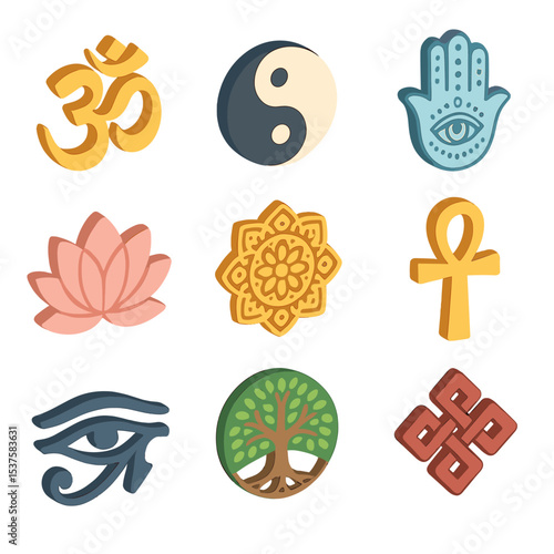 Spiritual Symbols Icon Set. Isometric Flat icon set of spiritual symbols: Om symbol, yin yang, Hamsa hand, lotus, mandala, Ankh,
