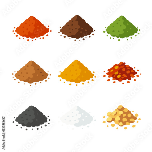 Spice Icon Grid. Isometric Flat icon set of Spice dusting garnishes: paprika dust, cocoa powder, matcha powder, cinnamon sprinkle,