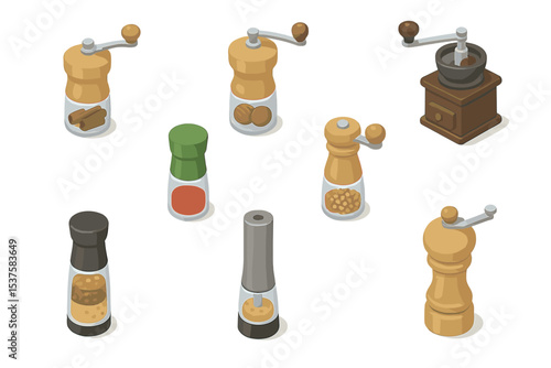 Spice Mill Icon Set. Isometric Flat icon set of spice mill collection: cinnamon grinder, nutmeg grinder, coffee grinder, herb