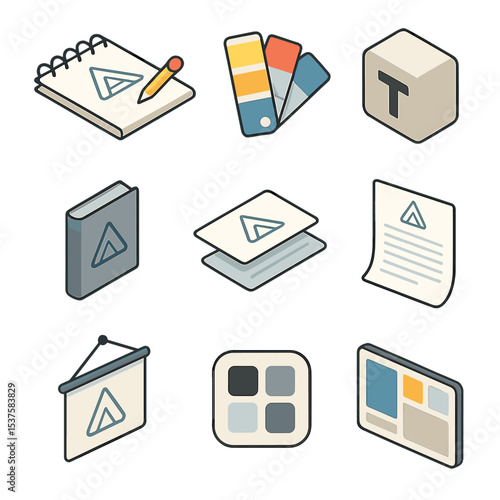Startup Branding Icons. Isometric Flat icon set of startup branding elements: logo sketch pad, color palette swatch, typography
