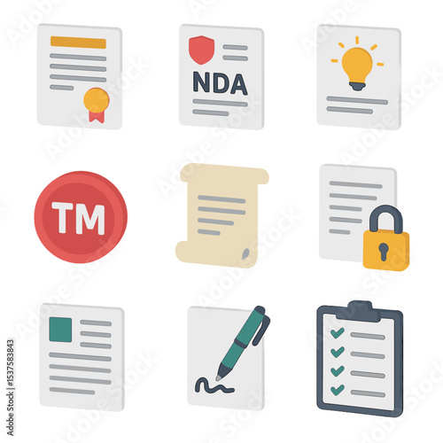 Startup Legal Icon Set. Isometric Flat icon set of startup legal and compliance: incorporation certificate, NDA document, patent
