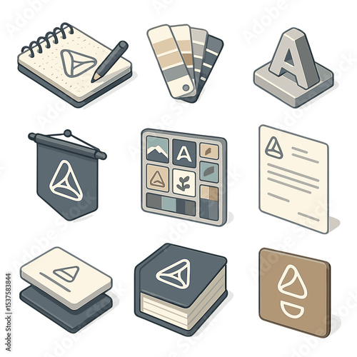 Startup Branding Icons. Isometric Flat icon set of startup branding elements: logo sketch pad, color palette swatch, typography