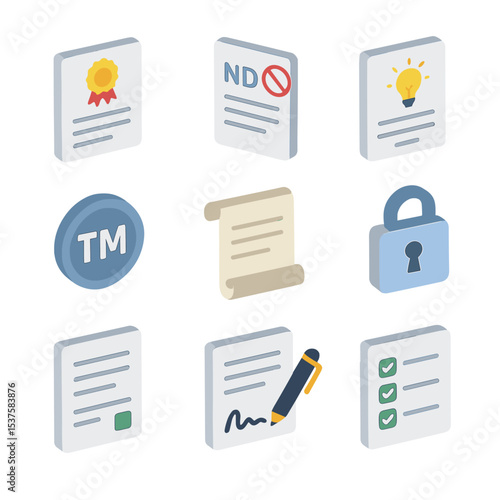 Startup Legal Icon Set. Isometric Flat icon set of startup legal and compliance: incorporation certificate, NDA document, patent