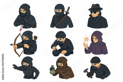 Stealth Operatives Icons. Isometric Flat icon set of stealth operatives: assassin, ninja, spy infiltrator, rogue archer, saboteur,