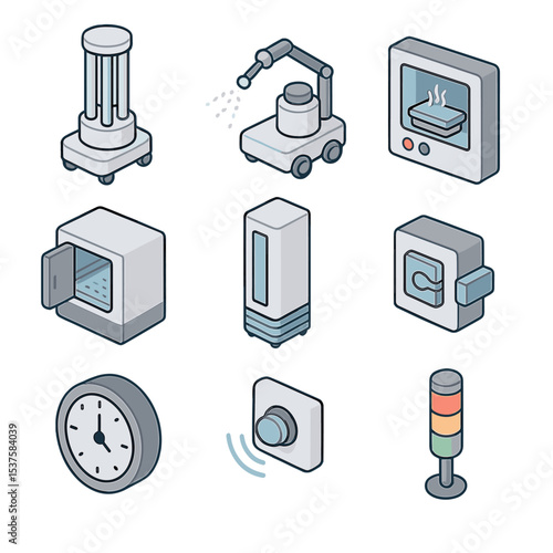 Sterilization Robots Icons. Isometric Flat icon set of sterilization and disinfection robots: UV-C robot, spray disinfectant arm,
