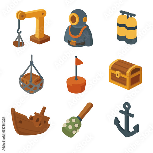 Sunken Treasure Icon Set. Isometric Flat icon set of sunken treasure salvage: salvage crane, diving gear, air tank, lifting net,