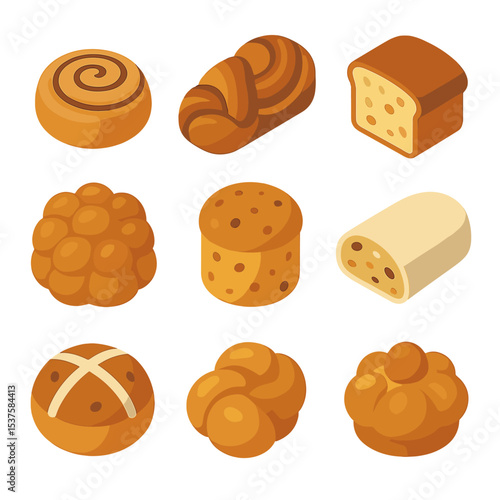 Sweet Bread Icons. Isometric Flat icon set of sweet and enriched breads: cinnamon roll, babka braid, banana bread slice, monkey