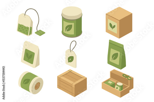 Tea Packaging Icons. Isometric Flat icon set of Tea Packaging Styles: tea bag, tea tin, cardboard box, sachet pouch, label tag,