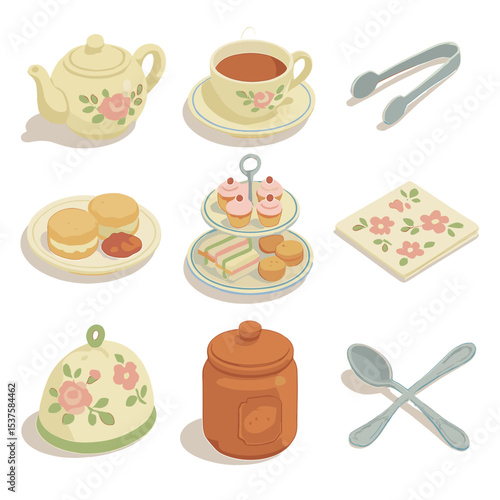 Tea Party Icons. Isometric Flat icon set of Tea party with friends: teapot, teacup, sugar tongs, scone plate, tiered tray, floral
