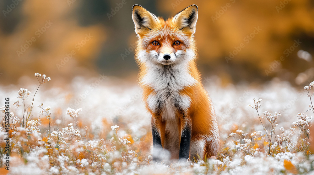 Fototapeta premium A red fox rests quietly among vibrant autumn flowers, capturing the essence of wild elegance and the peaceful rhythm of nature. Vertical composition with soft natural light and rich seasonal colors.
