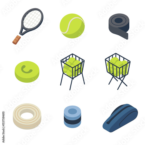 Tennis Equipment Icons. Isometric Flat icon set of tennis equipment: racket, tennis ball, grip tape, vibration dampener, ball