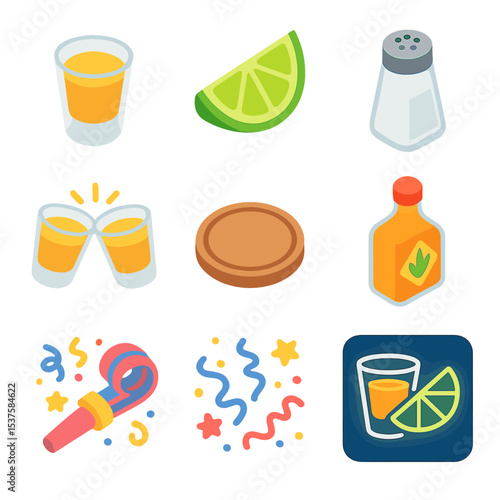 Tequila Celebration Icons. Isometric Flat icon set of Shot glass celebrations: shot glass, lime wedge, salt shaker, tequila bottle
