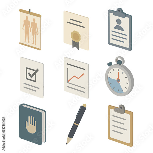 Therapy Tools Icons. Isometric Flat icon set of therapist credentials and tools: anatomy chart, certification diploma, client