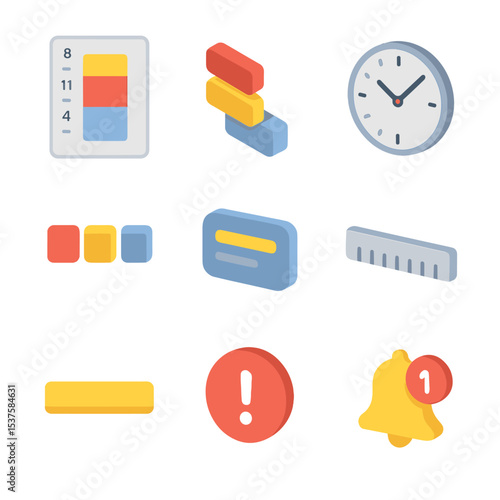Time Blocking Icons. Isometric Flat icon set of time blocking schedule: daily timeline, block segments, clock face, color blocks,