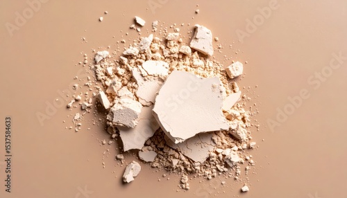 Detailed closeup of a pile of white powder on beige background, texture, light, and shadow