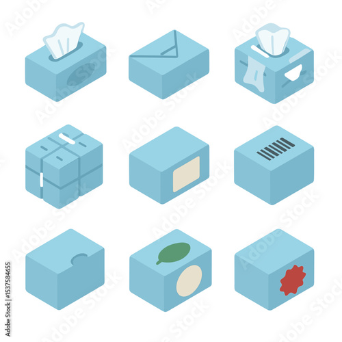 Tissue Packaging Icons. Isometric Flat icon set of Tissue packaging and branding: brand logo, seal flap, shrink wrap, multipack