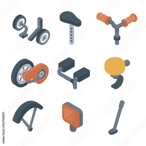 Toddler Bike Icon Set. Isometric Flat icon set of toddler bike features: training wheels, adjustable seat, handlebar grips, safety