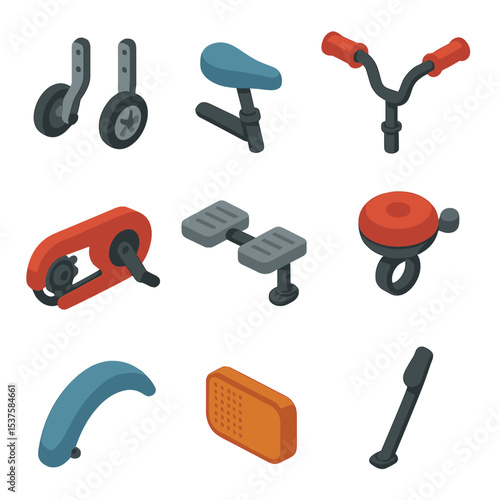 Toddler Bike Icon Set. Isometric Flat icon set of toddler bike features: training wheels, adjustable seat, handlebar grips, safety