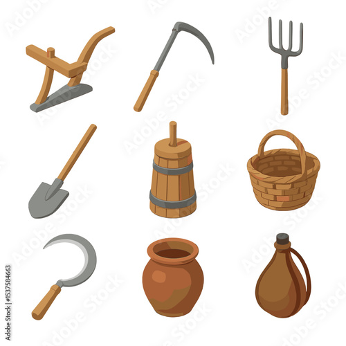 Traditional Farming Tools. Isometric Flat icon set of traditional peasant tools: wooden plow, iron scythe, pitchfork, digging hoe,