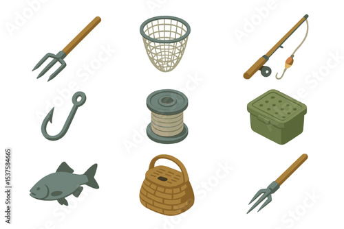 Traditional Fishing Icons. Isometric Flat icon set of traditional fishing methods: fishing spear, net, fishing rod, hook, fishing