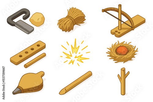 Traditional Fire-Starting Icons. Isometric Flat icon set of traditional fire-starting methods: flint striker, tinder bundle, bow
