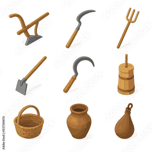 Traditional Farming Tools. Isometric Flat icon set of traditional peasant tools: wooden plow, iron scythe, pitchfork, digging hoe,