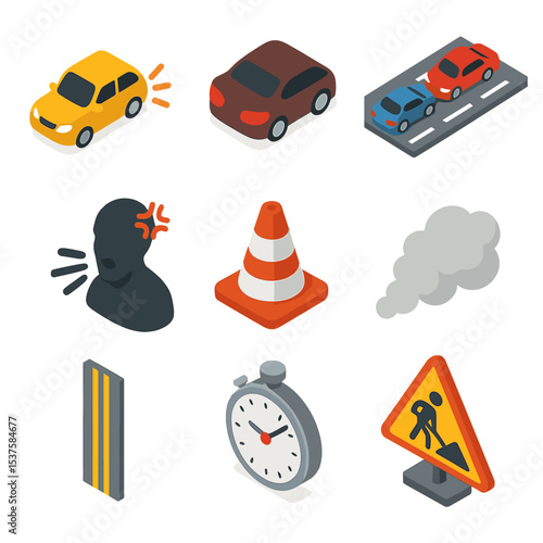 Traffic Jam Icons. Isometric Flat icon set of traffic jam frustration: honking car, brake light, gridlock road, angry driver