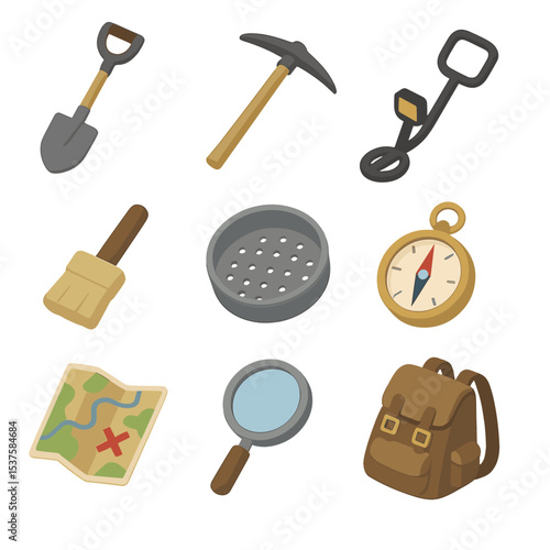 Treasure Hunting Tools. Isometric Flat icon set of treasure hunting tools: shovel, pickaxe, metal detector, brush, sieve, compass,
