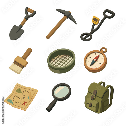 Treasure Hunting Tools. Isometric Flat icon set of treasure hunting tools: shovel, pickaxe, metal detector, brush, sieve, compass,