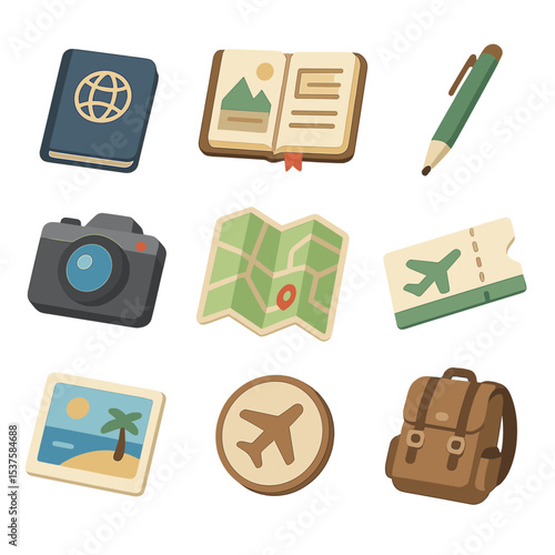 Travel Icon Set. Isometric Flat icon set of Travel journaling on the go: passport, travel journal, pen, camera, map, ticket stub,
