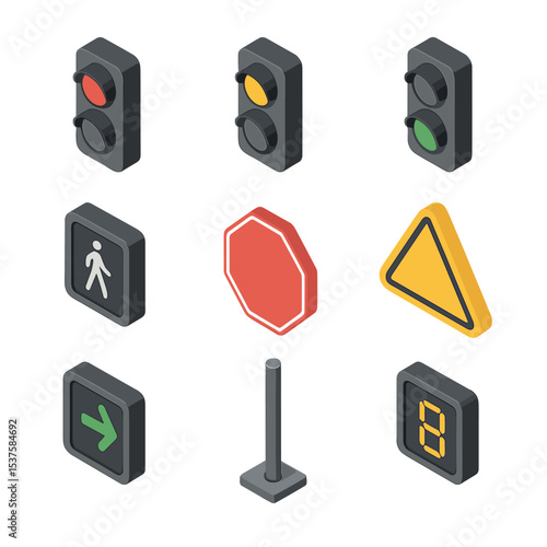 Traffic Icon Set. Isometric Flat icon set of traffic signal colors: red light, yellow light, green light, pedestrian signal, stop